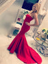 Mermaid Strapless Red Satin Prom Dress with Chapel Train  LBQ0157